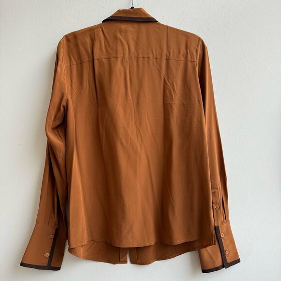 NWT LilySilk Dark Carame Contrast Piping Silk Willow Shirt Blouse - Medium - Picture 8 of 9